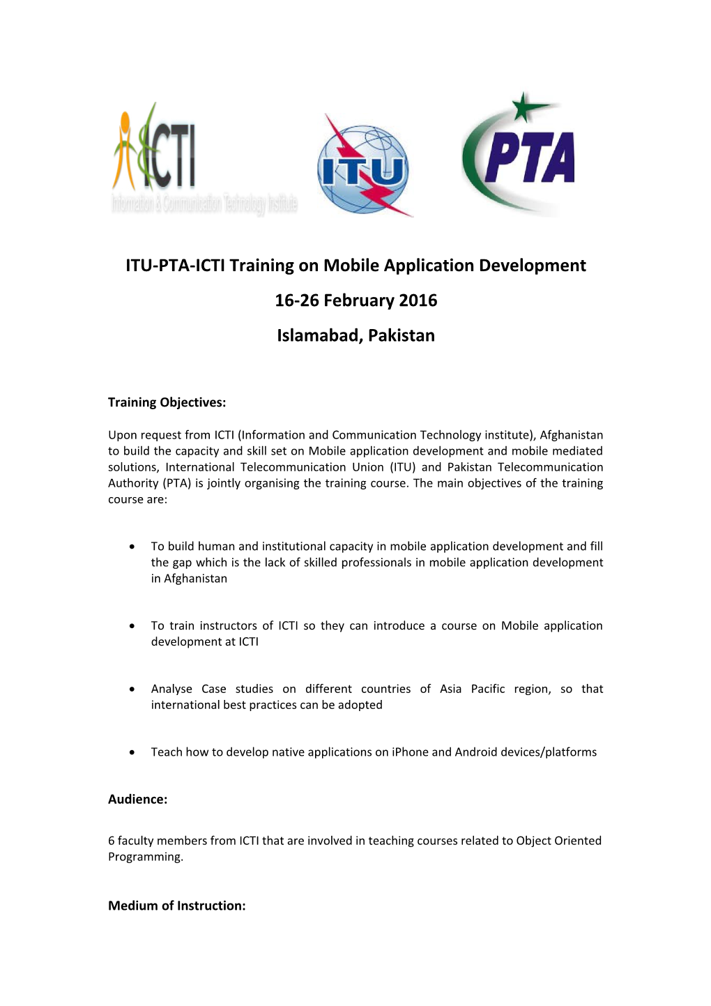 ITU-PTA-ICTI Training on Mobile Application Development