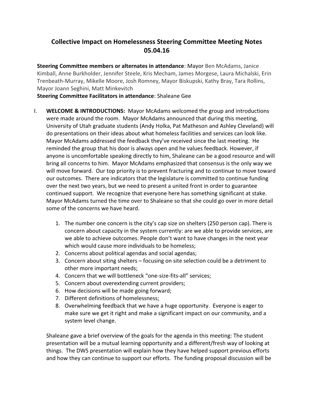 Collective Impact on Homelessness Steering Committee Meeting Notes