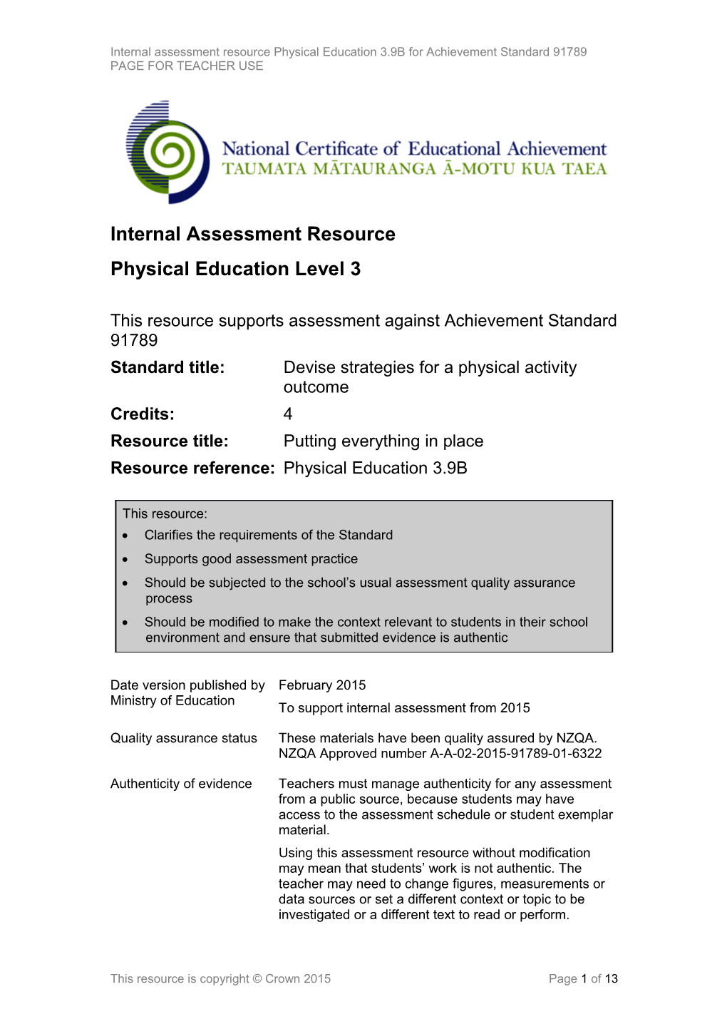 Internal Assessment Resource Physical Eduction L3