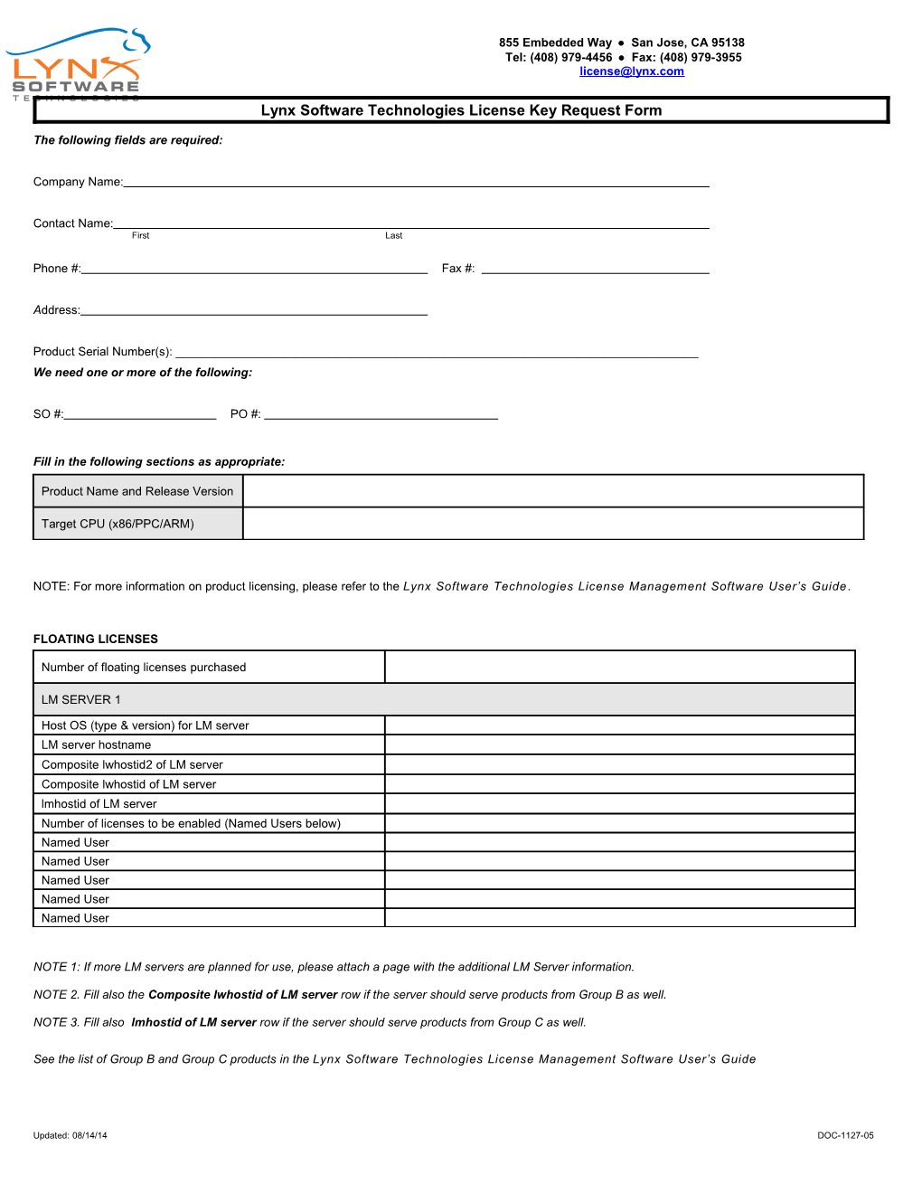 Lynx Software Technologies License Key Request Form