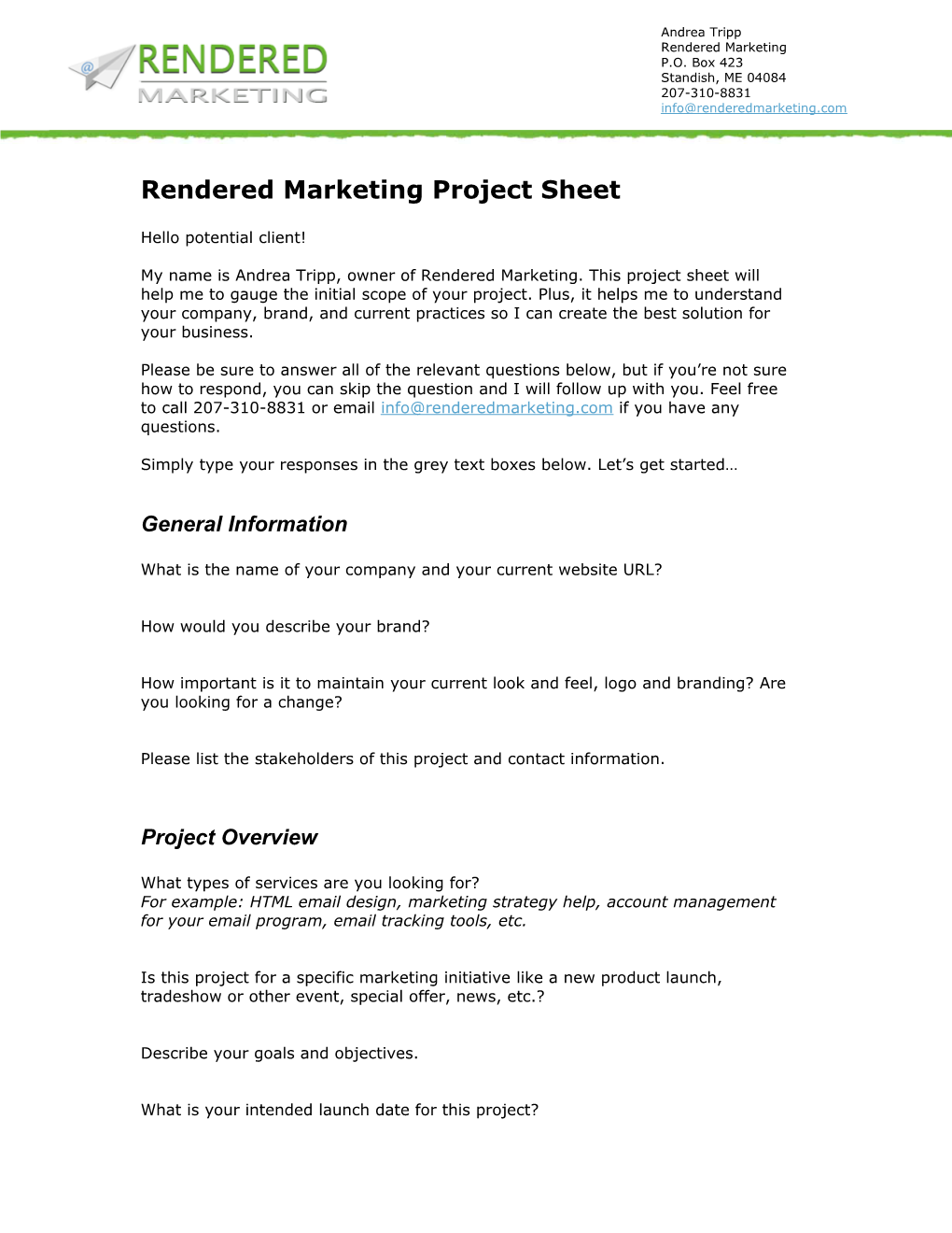 Rendered Marketing Project Sheet