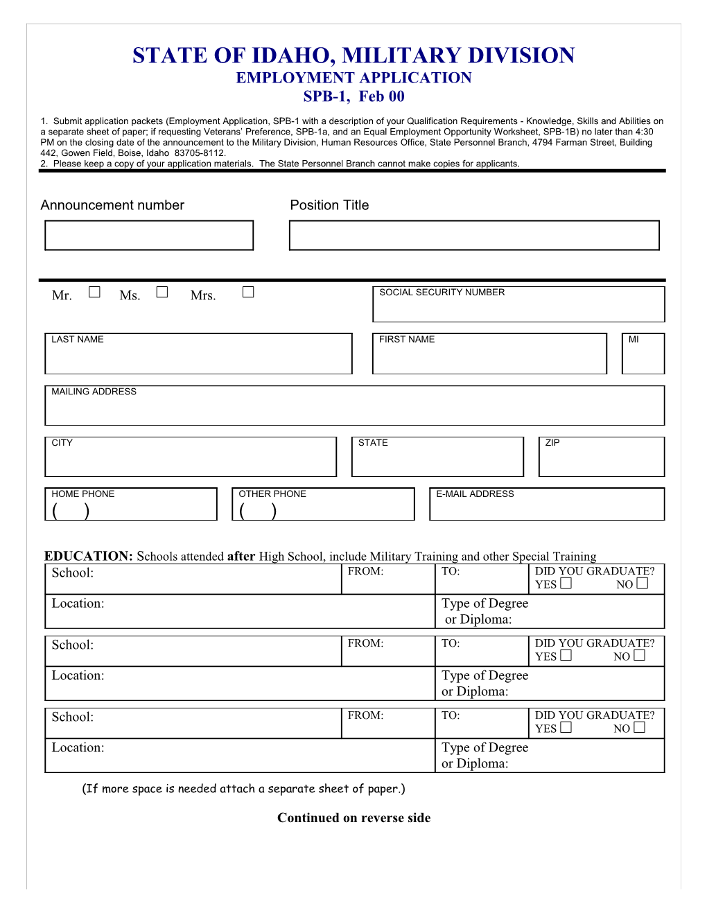 State of Idaho Employment Application