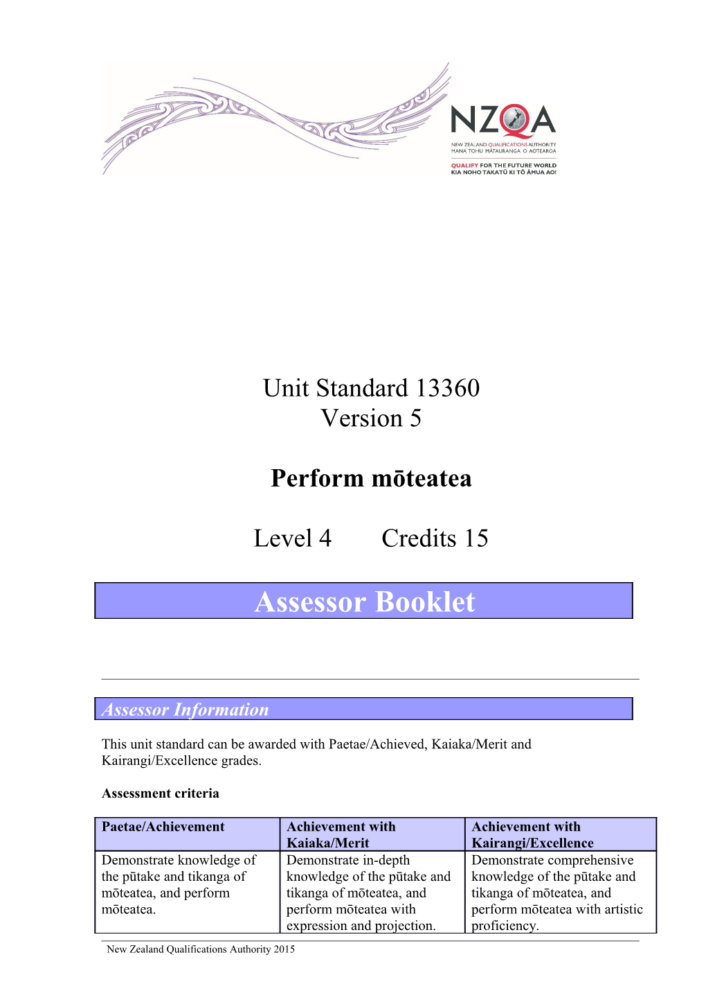 Unit Standard 13360 Version 5 Performmōteatea