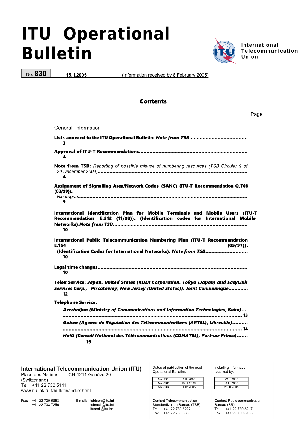 ITU Operational Bulletin No. 830 - 1.II.2005