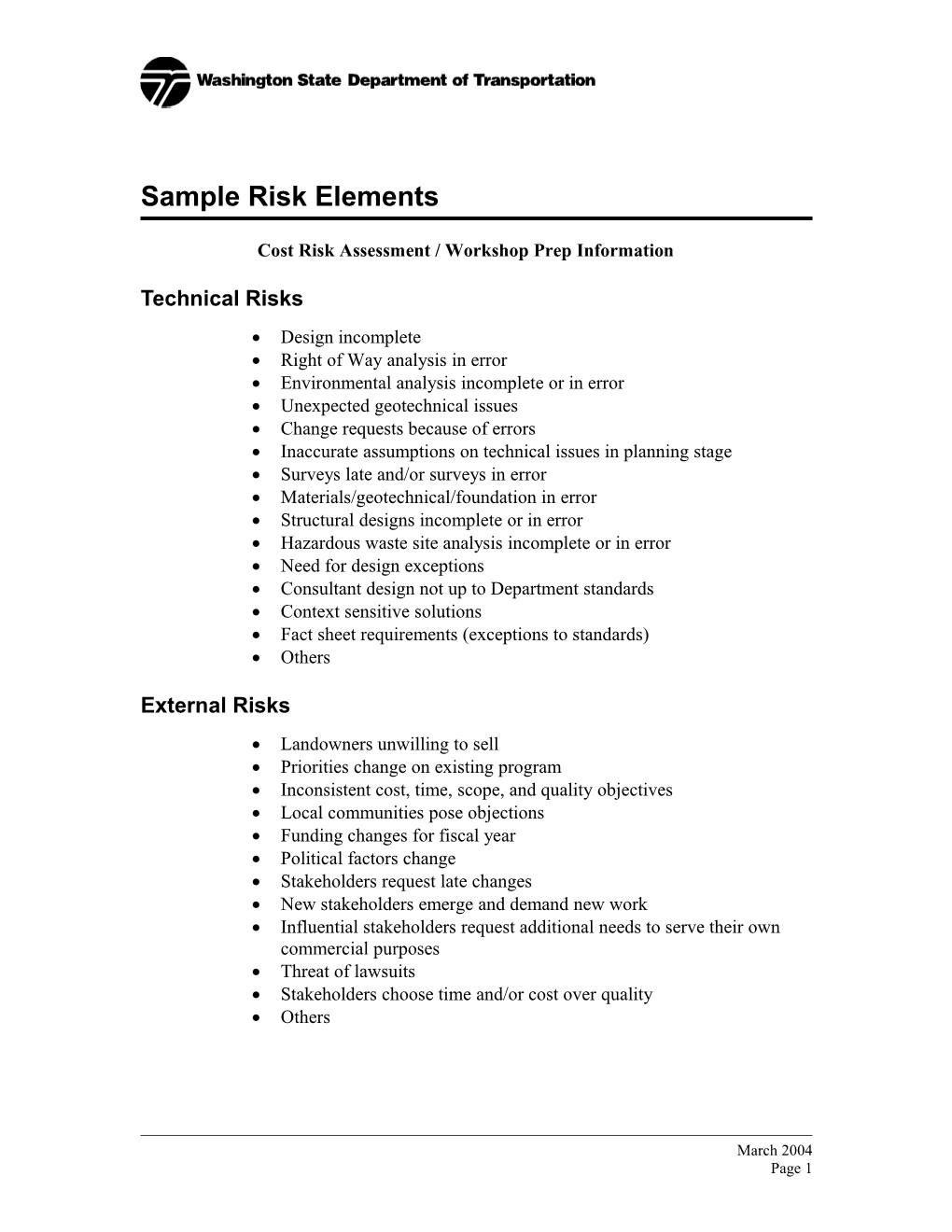Cost Risk Assessment / Workshop Prep Information