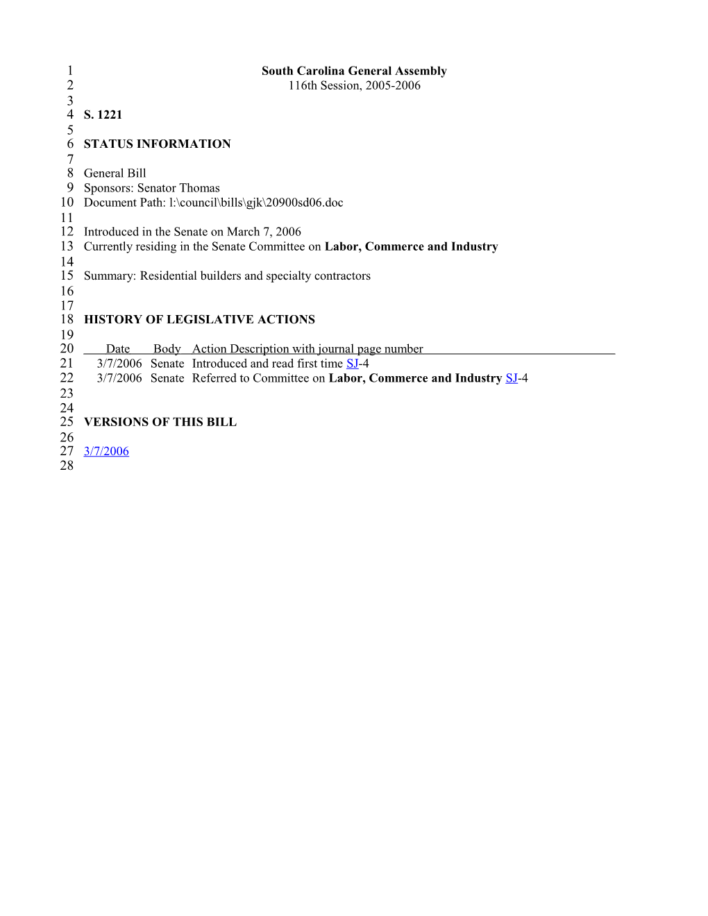 2005-2006 Bill 1221: Residential Builders and Specialty Contractors - South Carolina Legislature