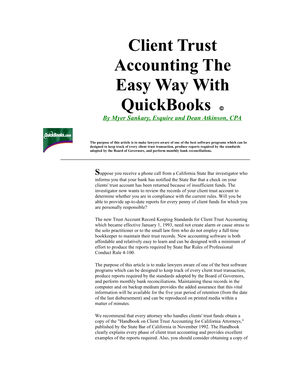 Client Trust Accounting the Easy Way with Quickbooks Ã
