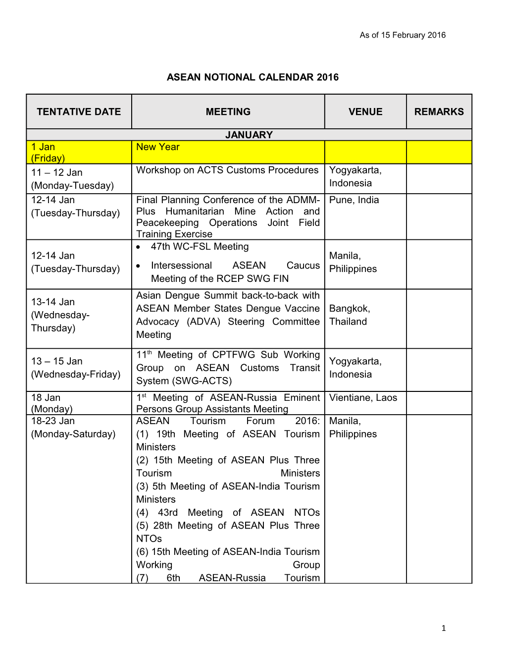 Asean Notional Calendar 2016