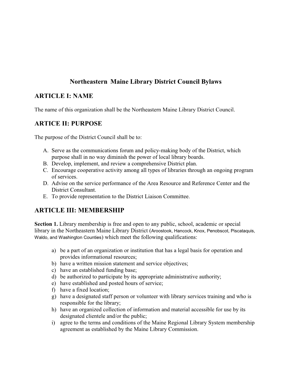 Northeasternmaine Library District Council Bylaws