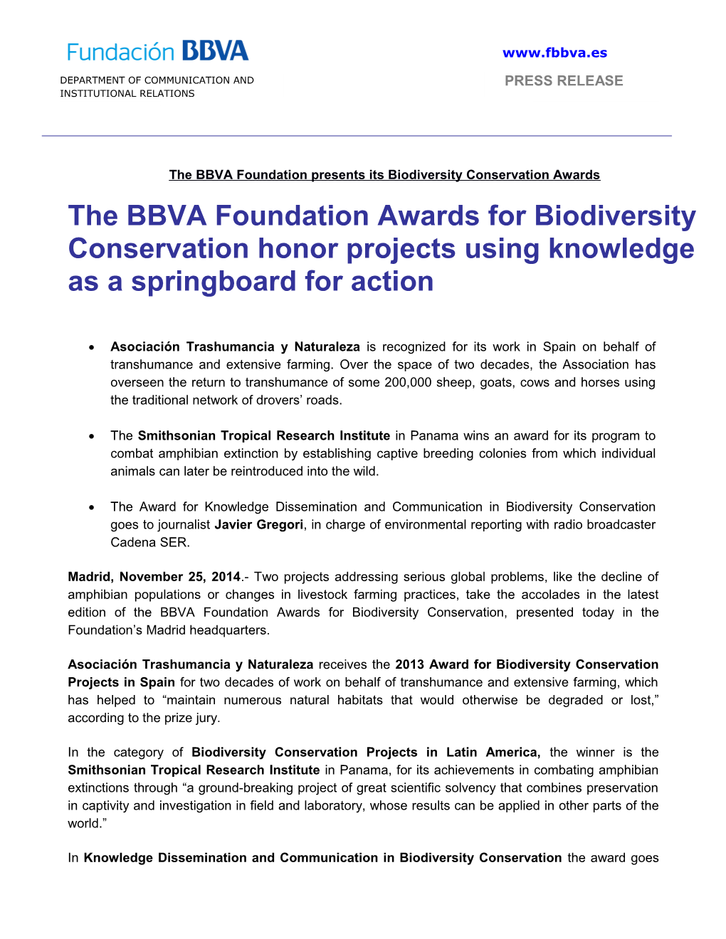Thebbva Foundation Presents Its Biodiversity Conservation Awards