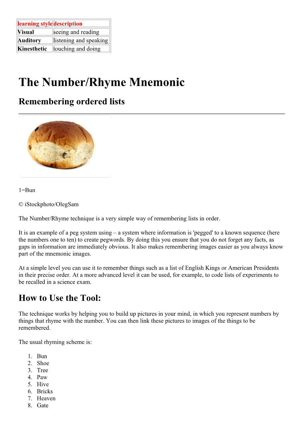 The Number/Rhyme Mnemonic