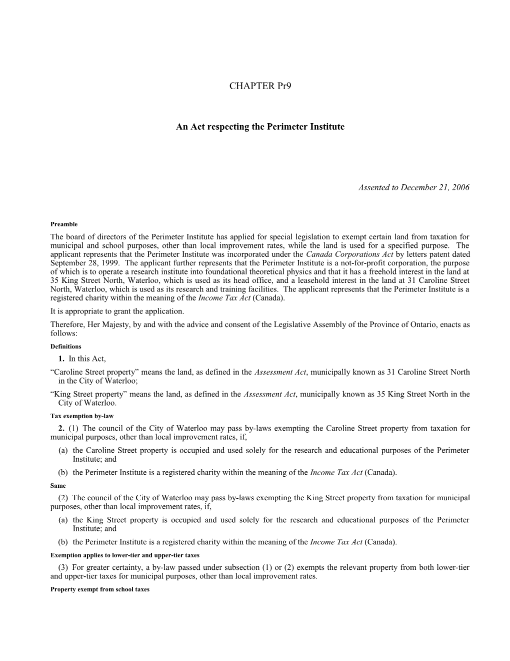 Perimeter Institute Act, 2006, S.O. 2006, C. Pr9 - Bill Pr31
