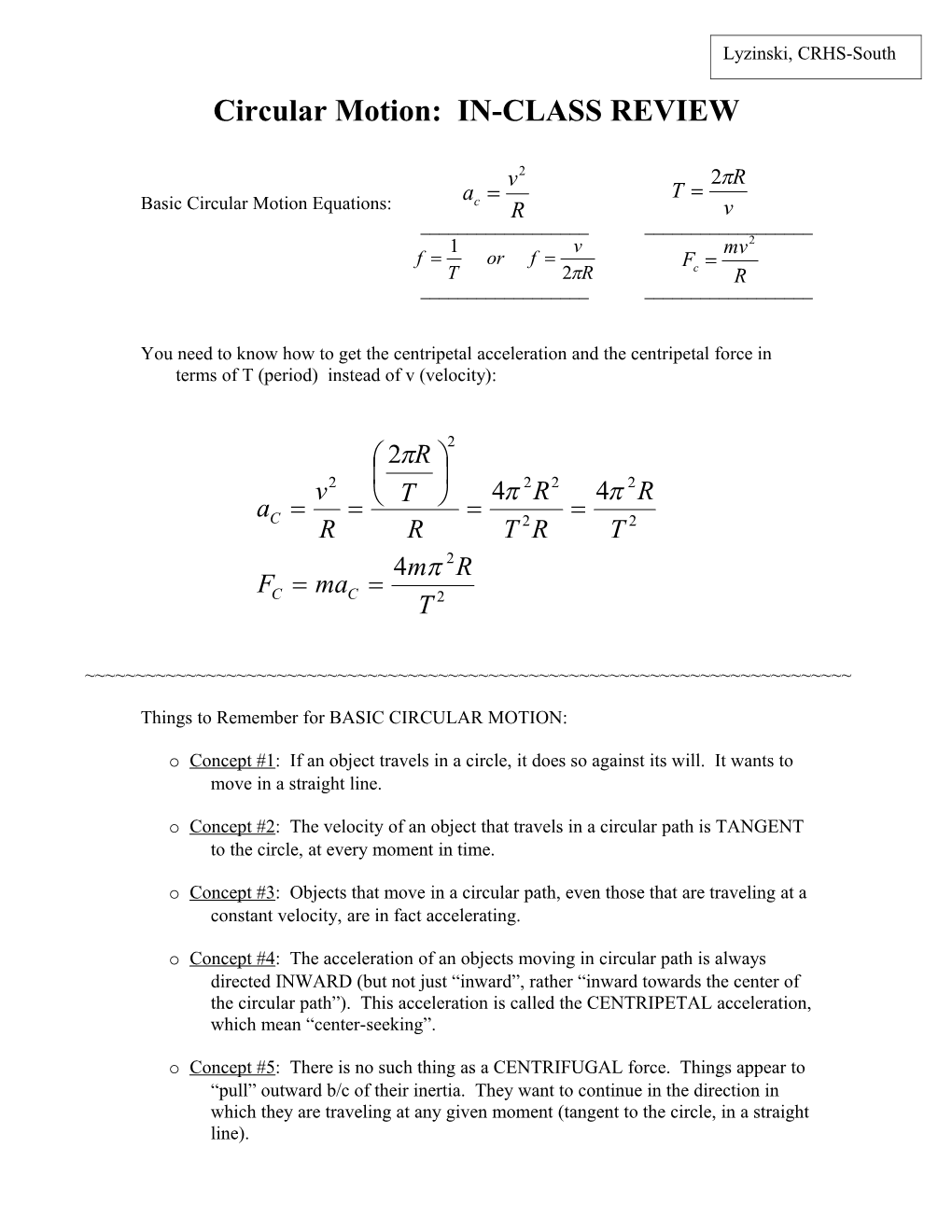 Circular Motion: IN-CLASS REVIEW