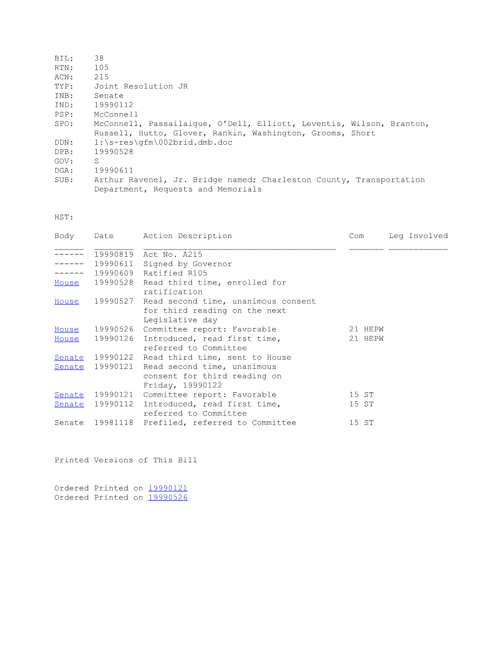 1999-2000 Bill 38: Arthur Ravenel, Jr. Bridge Named; Charleston County, Transportation