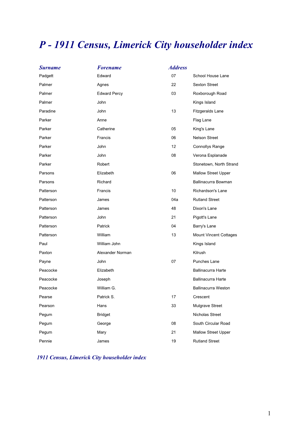 P - 1911 Census, Limerick City Householder Index