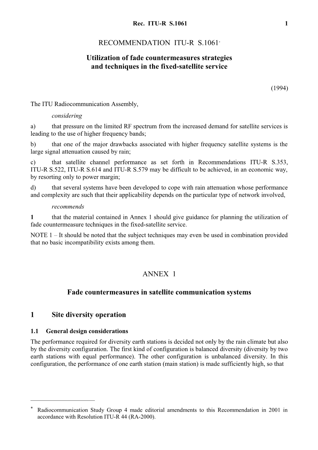 RECOMMENDATION ITU-R S.1061* - Utilization of Fade Countermeasures Strategies and Techniques