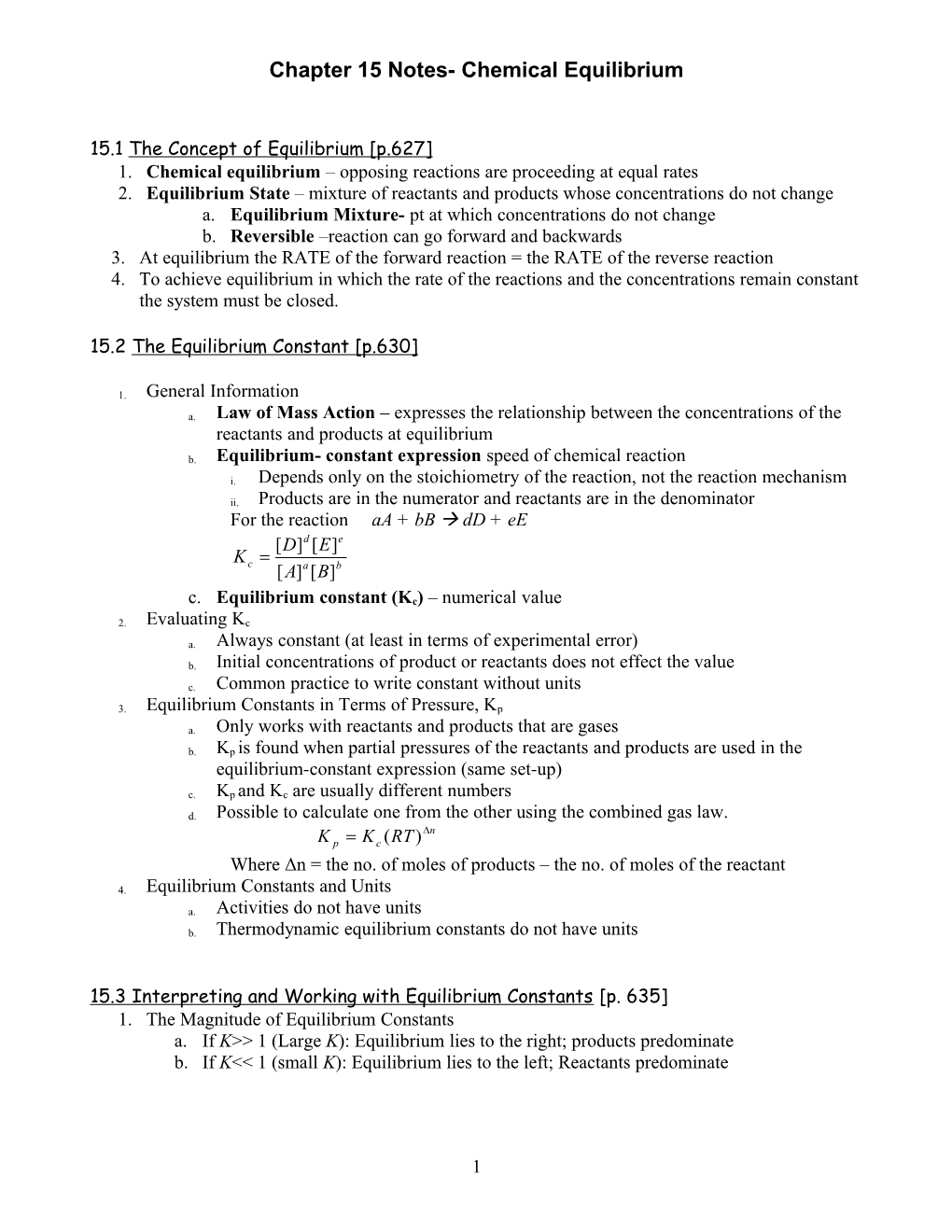 Chapter 15 Notes- Chemical Equilibrium