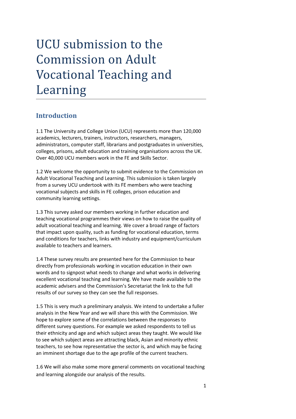 UCU Submission to the Commission on Adult Vocational Teaching and Learning