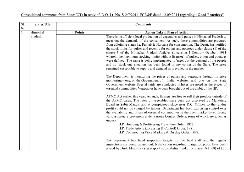 Consolidated Comments from States/Uts in Reply of D.O. Lr. No. S-2/7/2014-ECR&E Dated 12.09.2014