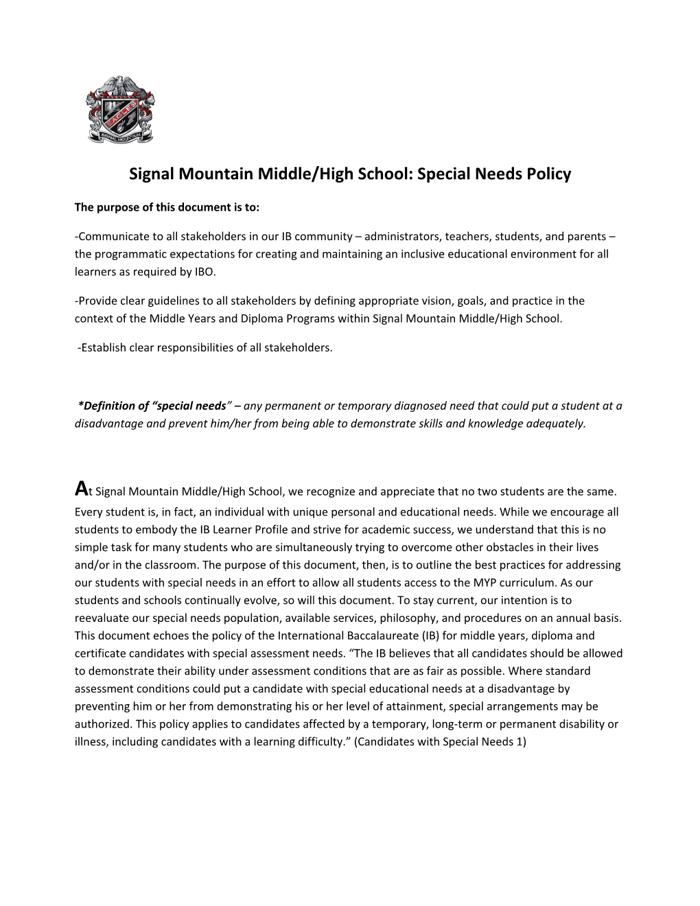 Signal Mountain Middle/High School: Special Needs Policy