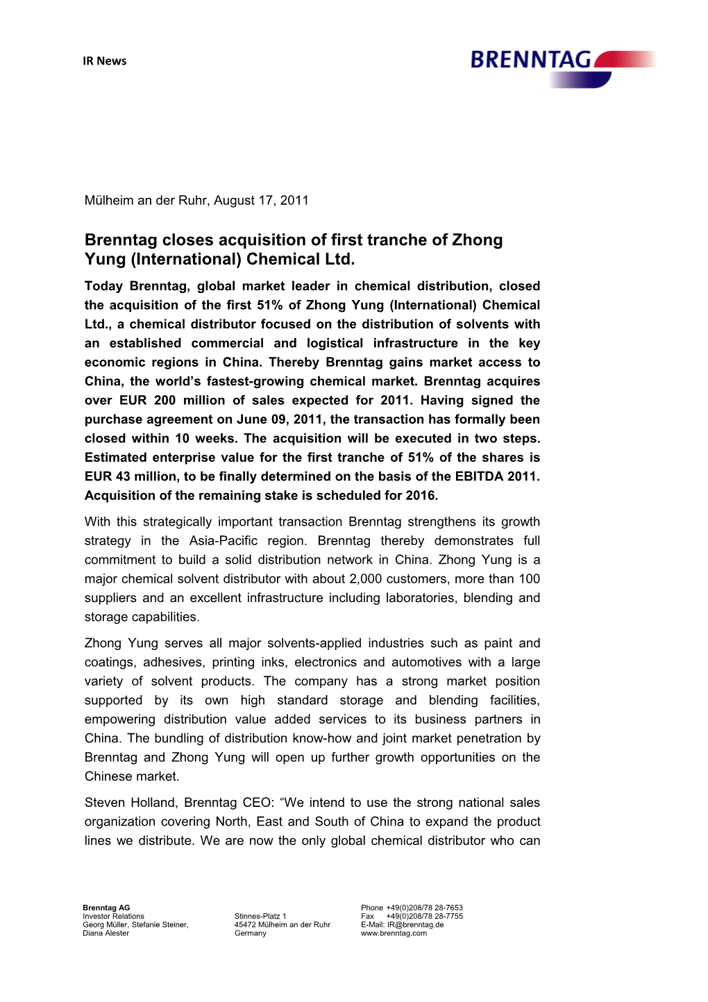 Brenntagcloses Acquisition of First Tranche of Zhong Yung (International) Chemical Ltd