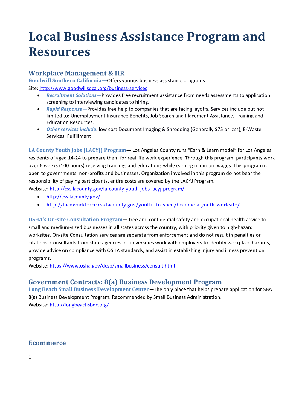Local Business Assistance Programs and Tools