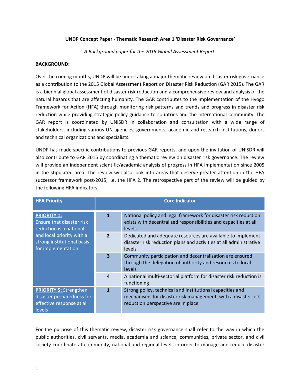 UNDP Concept Paper - Thematic Research Area 1 Disaster Risk Governance