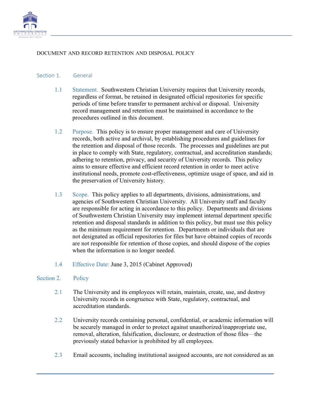 Document and Record Retention and Disposal Policy