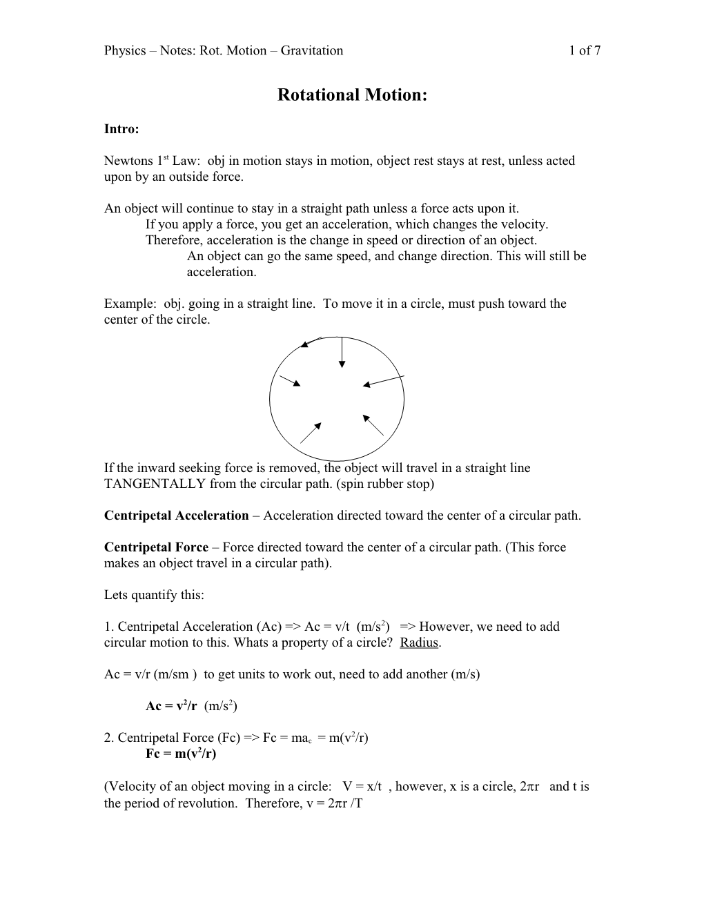 Physics Notes: Rot. Motion Gravitation1 of 7
