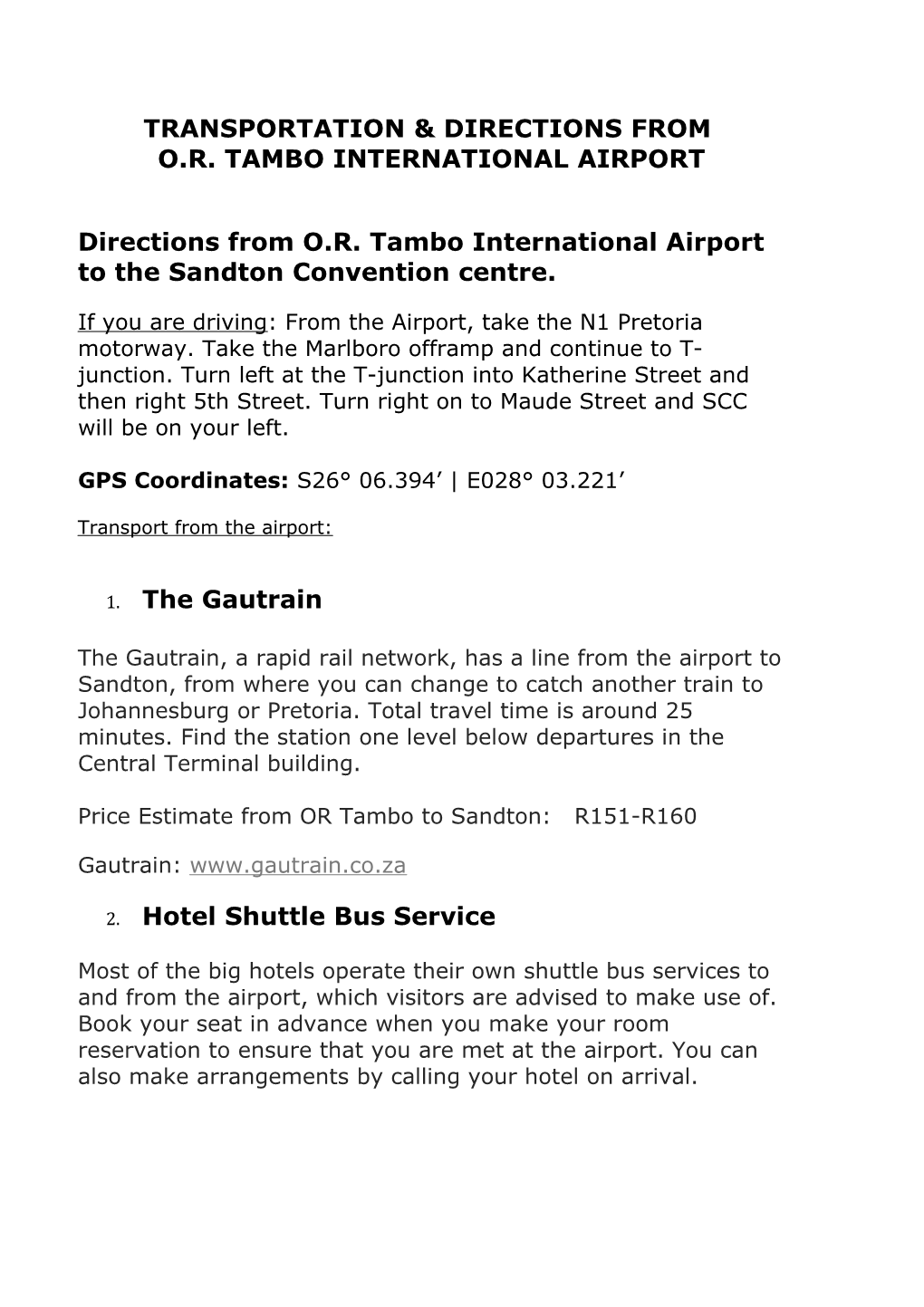 Directions from O.R. Tambo International Airport