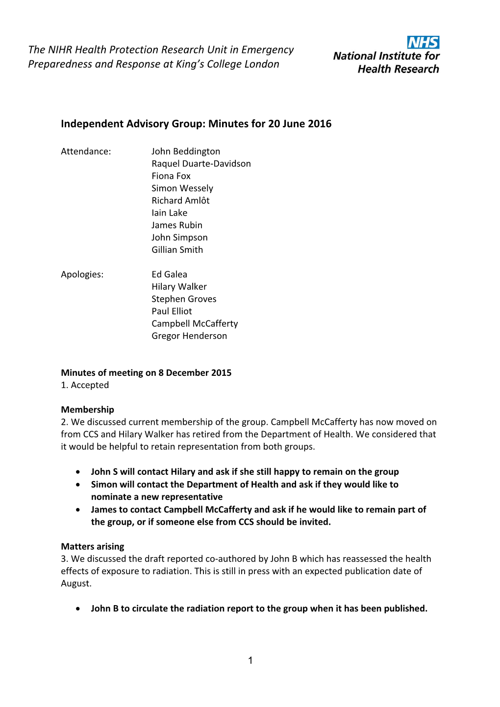 Independent Advisory Group: Minutes for 20June 2016