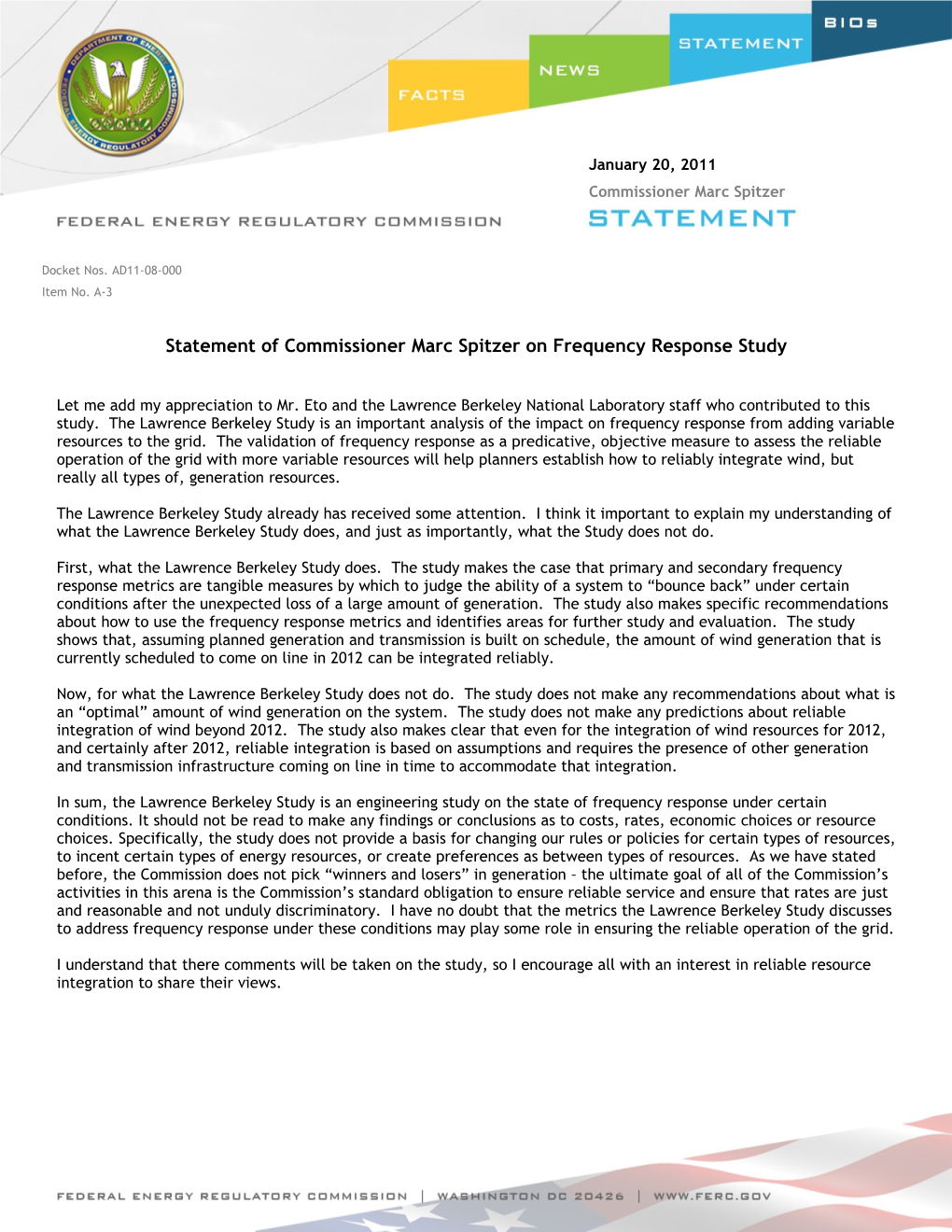 Statement of Commissioner Marc Spitzer Onfrequency Response Study