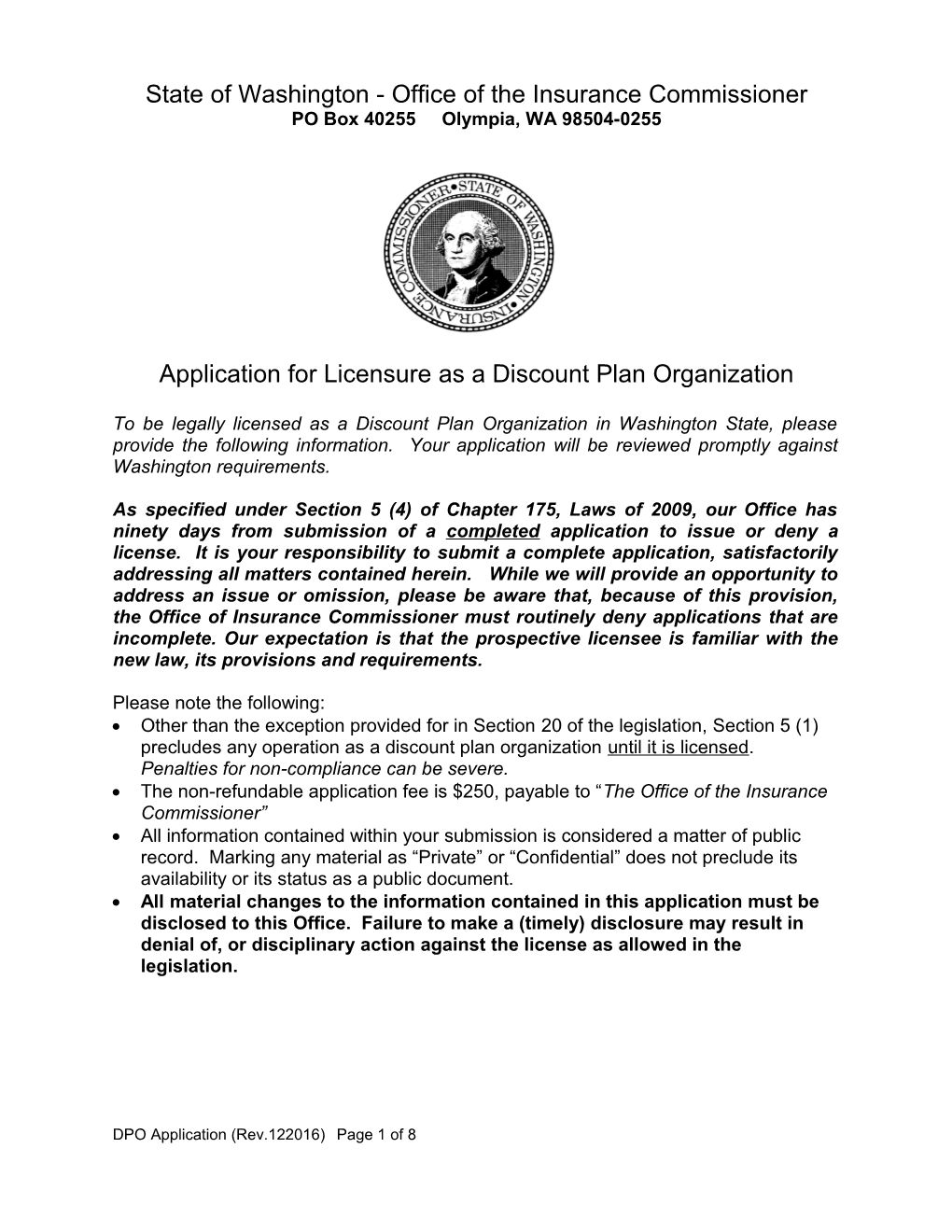 Application for Licensure As a Discount Plan Organization