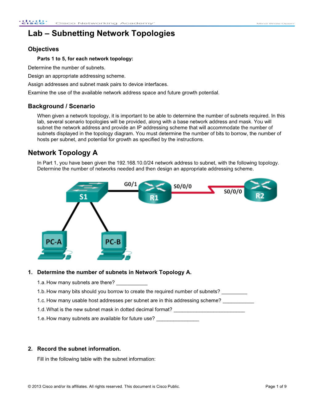 Lab Subnetting Network Topologies