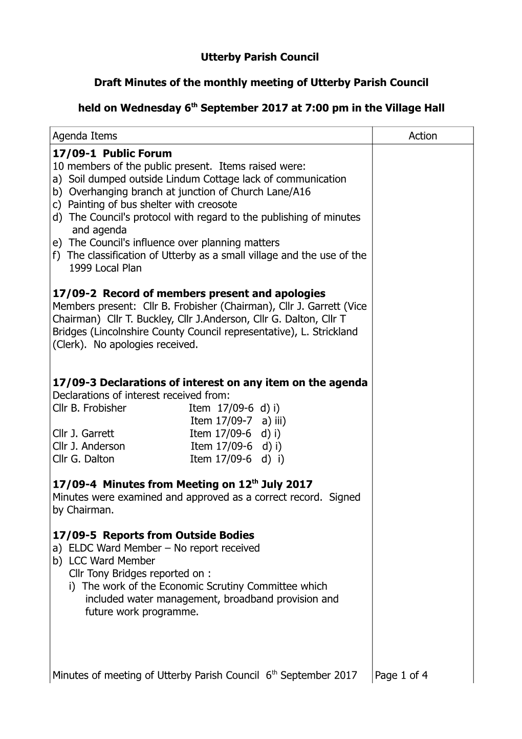 Draft Minutes of the Monthly Meeting of Utterby Parish Council