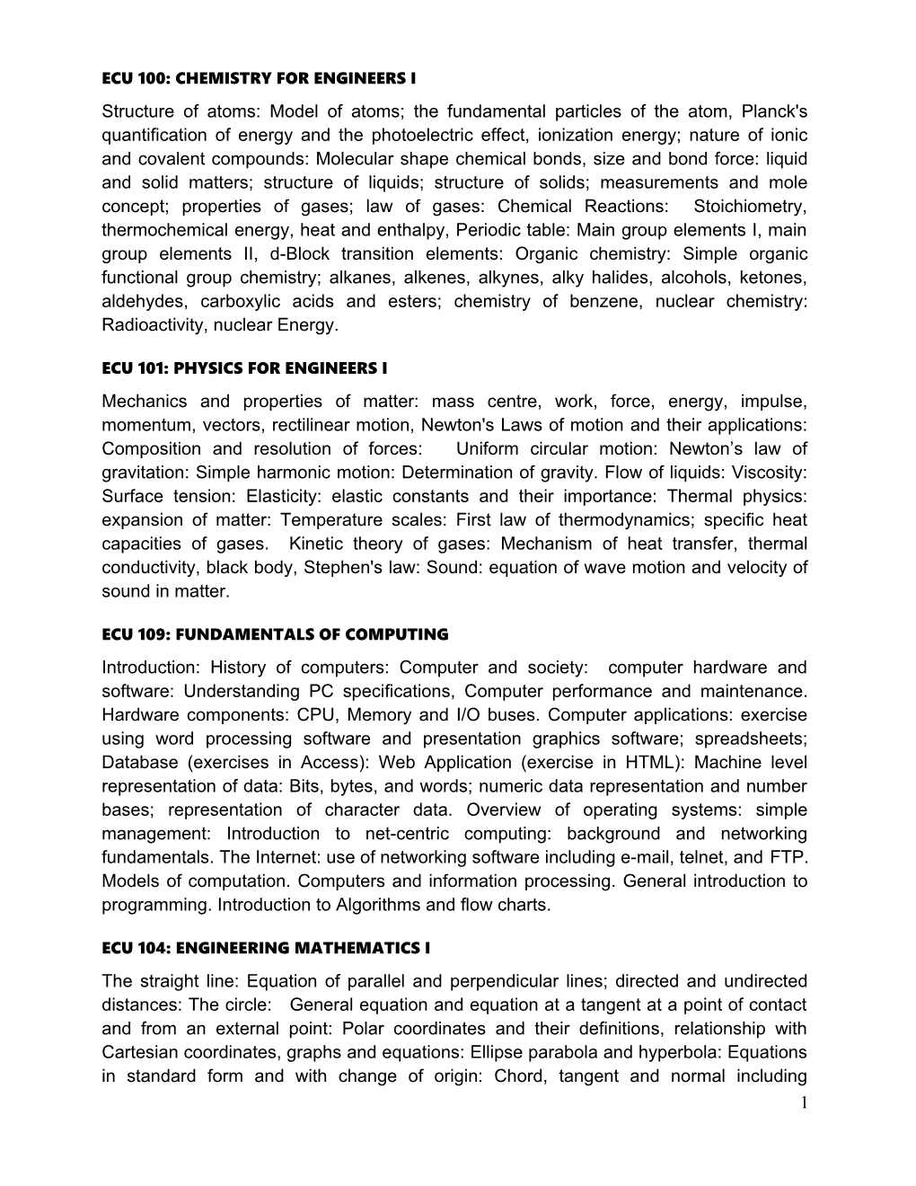 Ecu 100: Chemistry for Engineers I