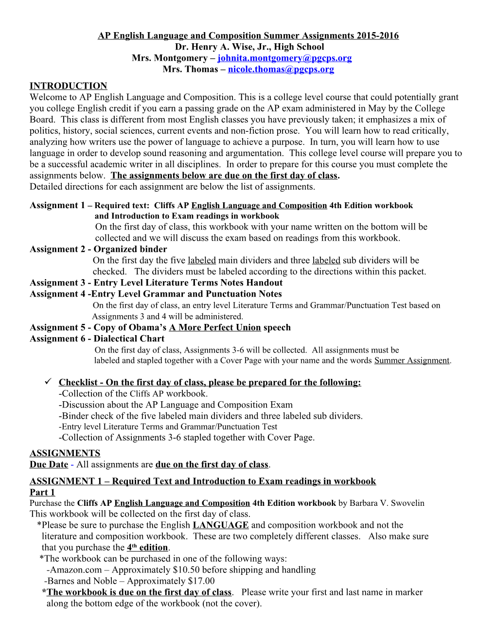 AP English Language and Composition Summer Assignments 2015-2016