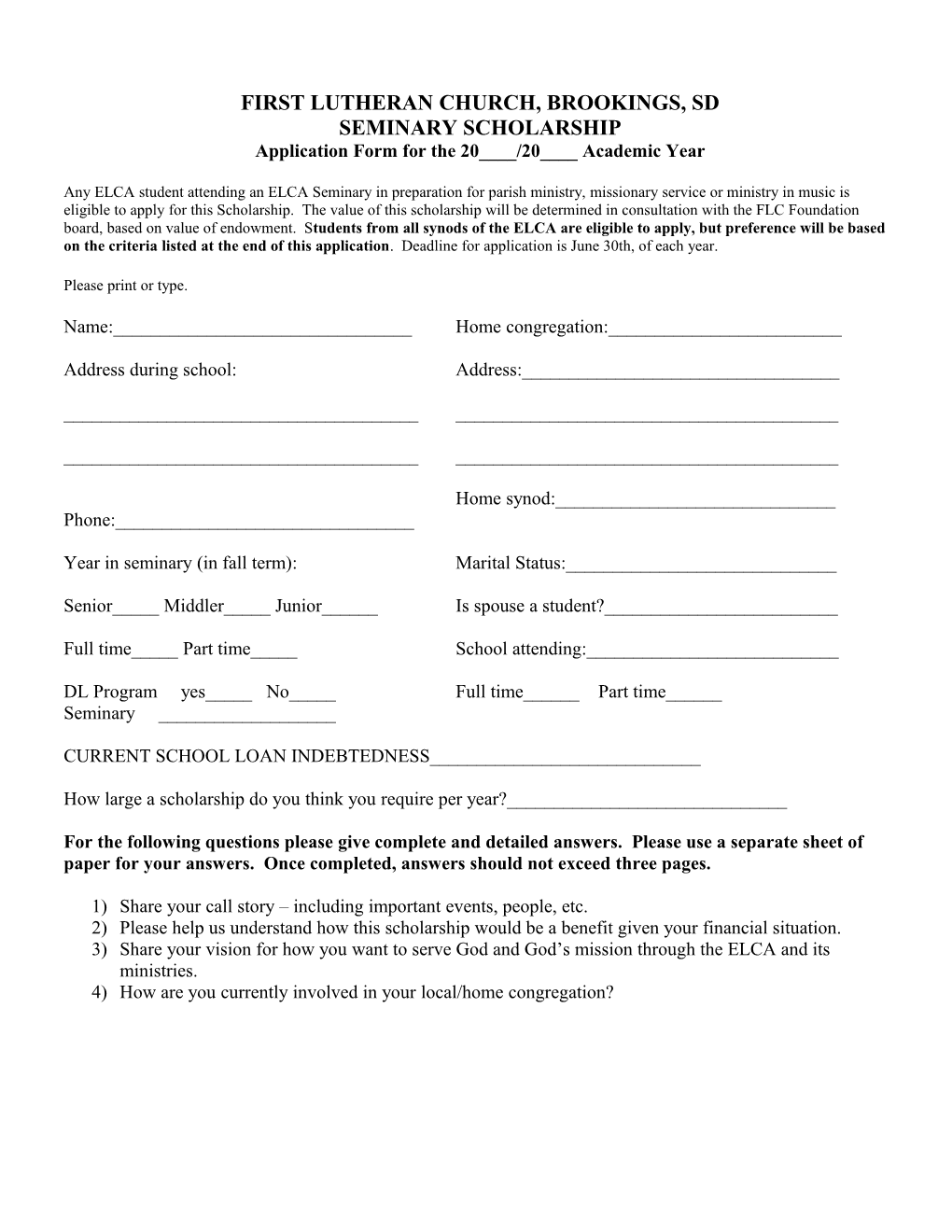 Al and Ina Christiansen Seminary Scholarship Application Form