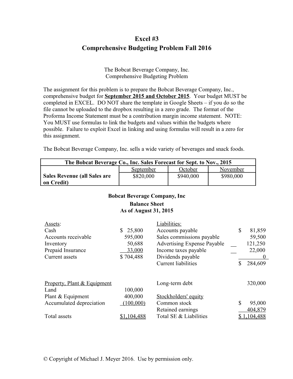 Comprehensive Budgeting Problem Fall 2005