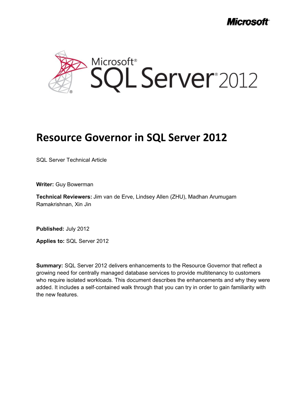 Resource Governor in SQL Server 2012