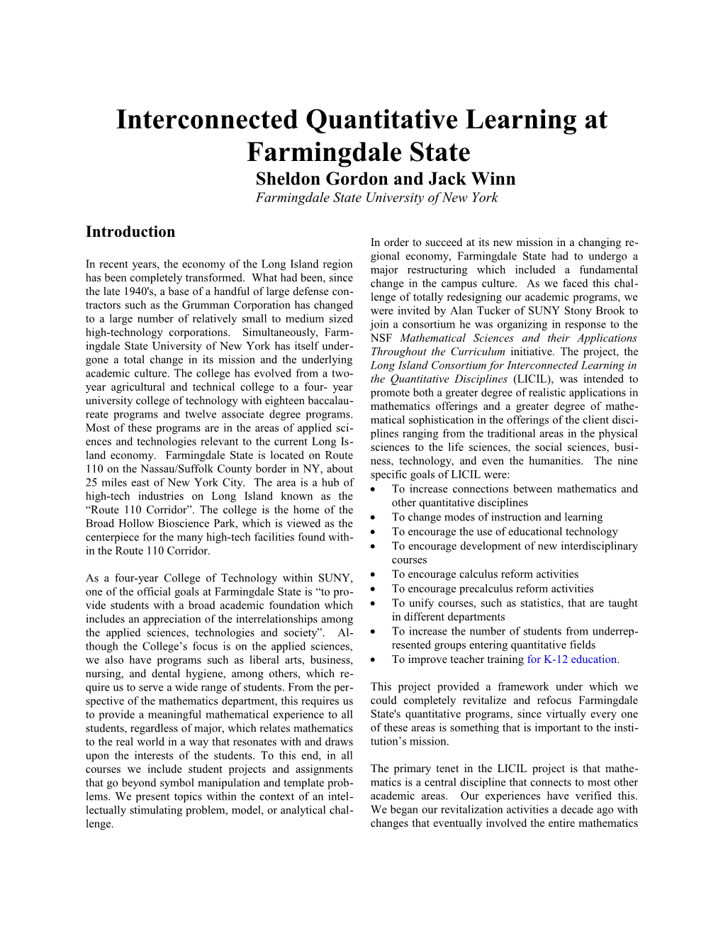 Interconnected Quantitative Learning at Farmingdale State University