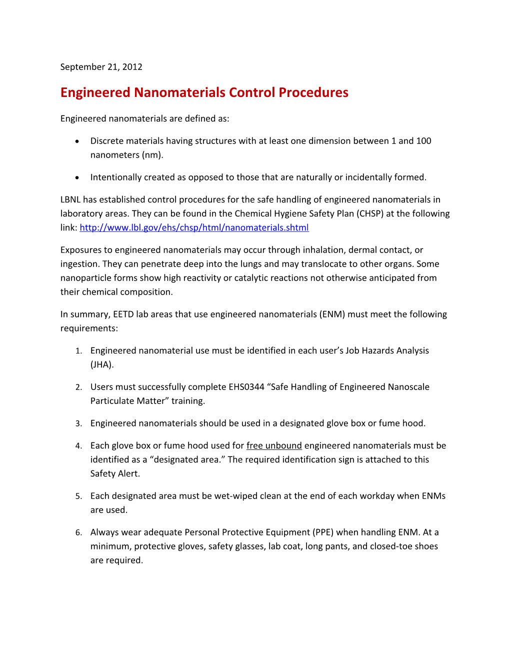 Engineered Nanomaterials Control Procedures