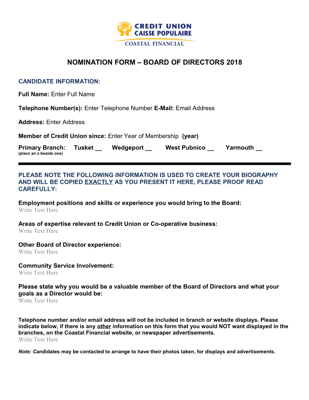 Nomination Form Board of Directors 2018