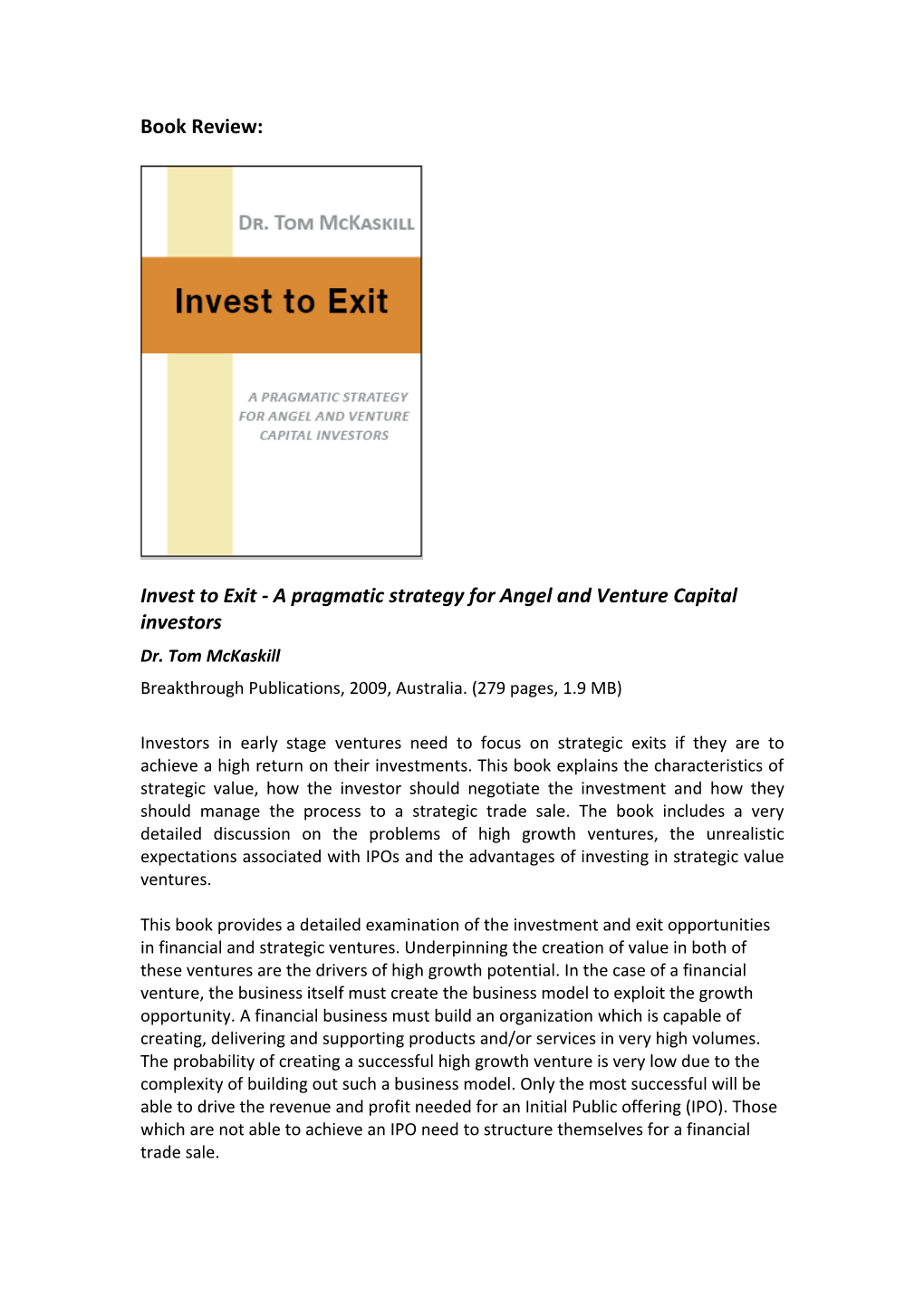 Invest to Exit - a Pragmatic Strategy for Angel and Venture Capital Investors