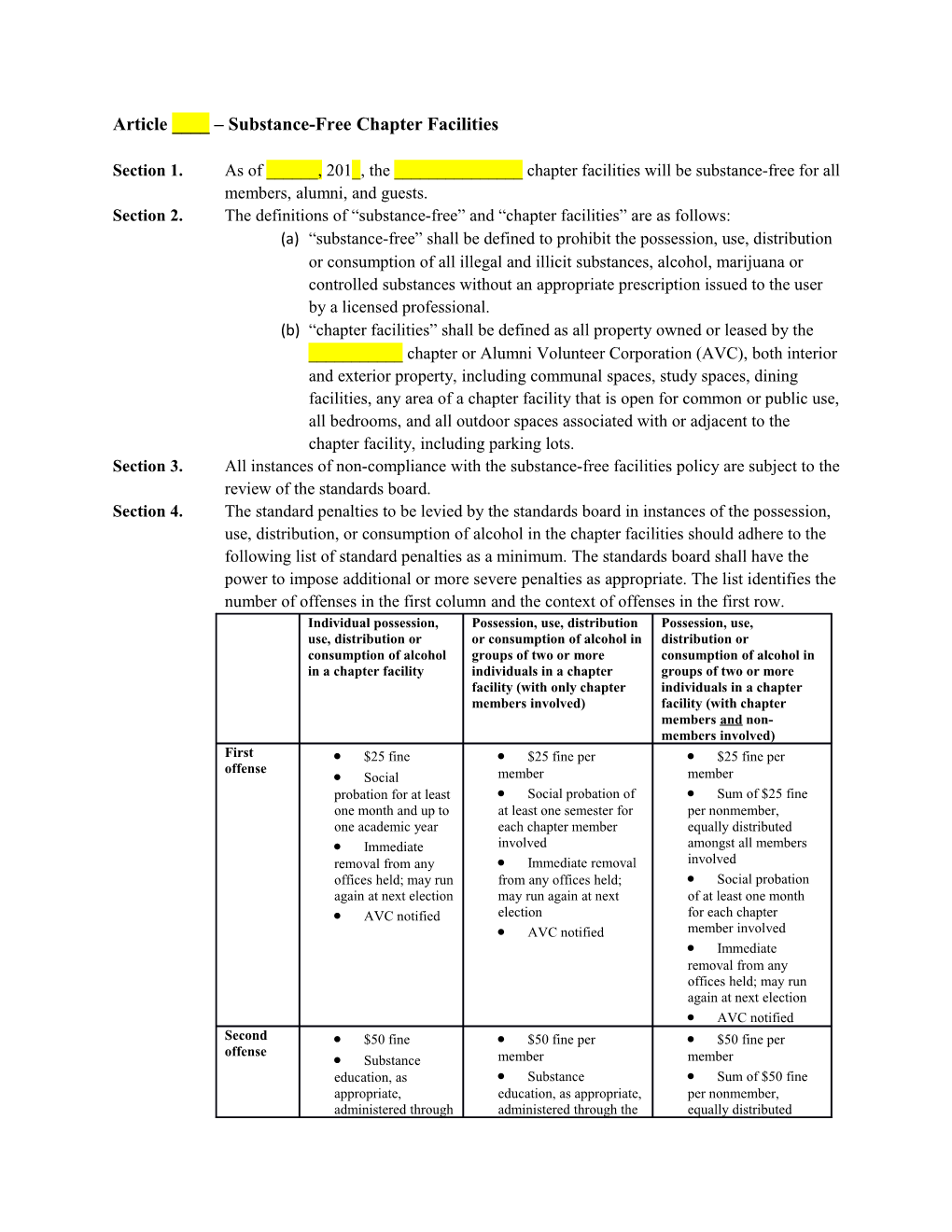 Article ____ Substance-Free Chapter Facilities