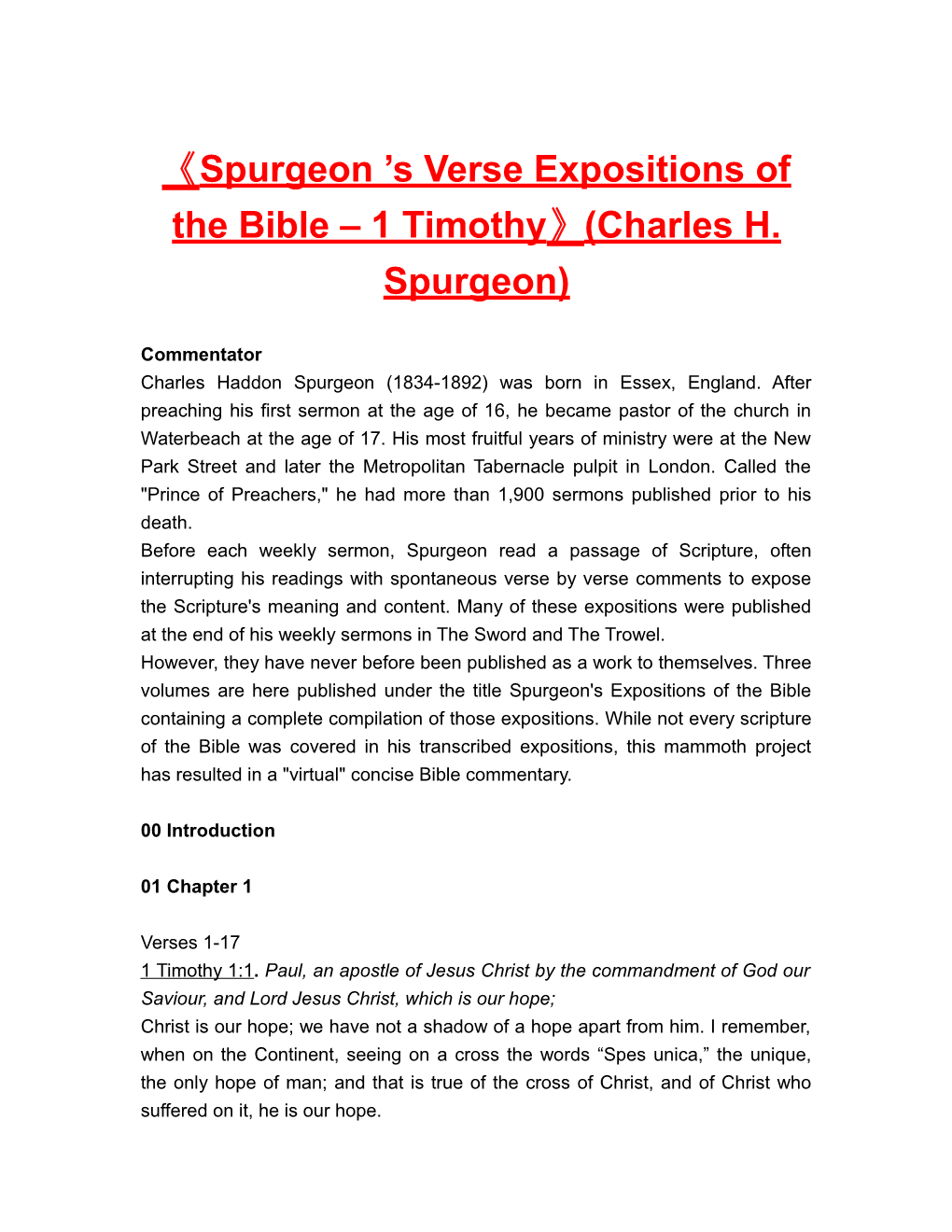Spurgeon S Verseexpositions of the Bible 1 Timothy (Charles H. Spurgeon)