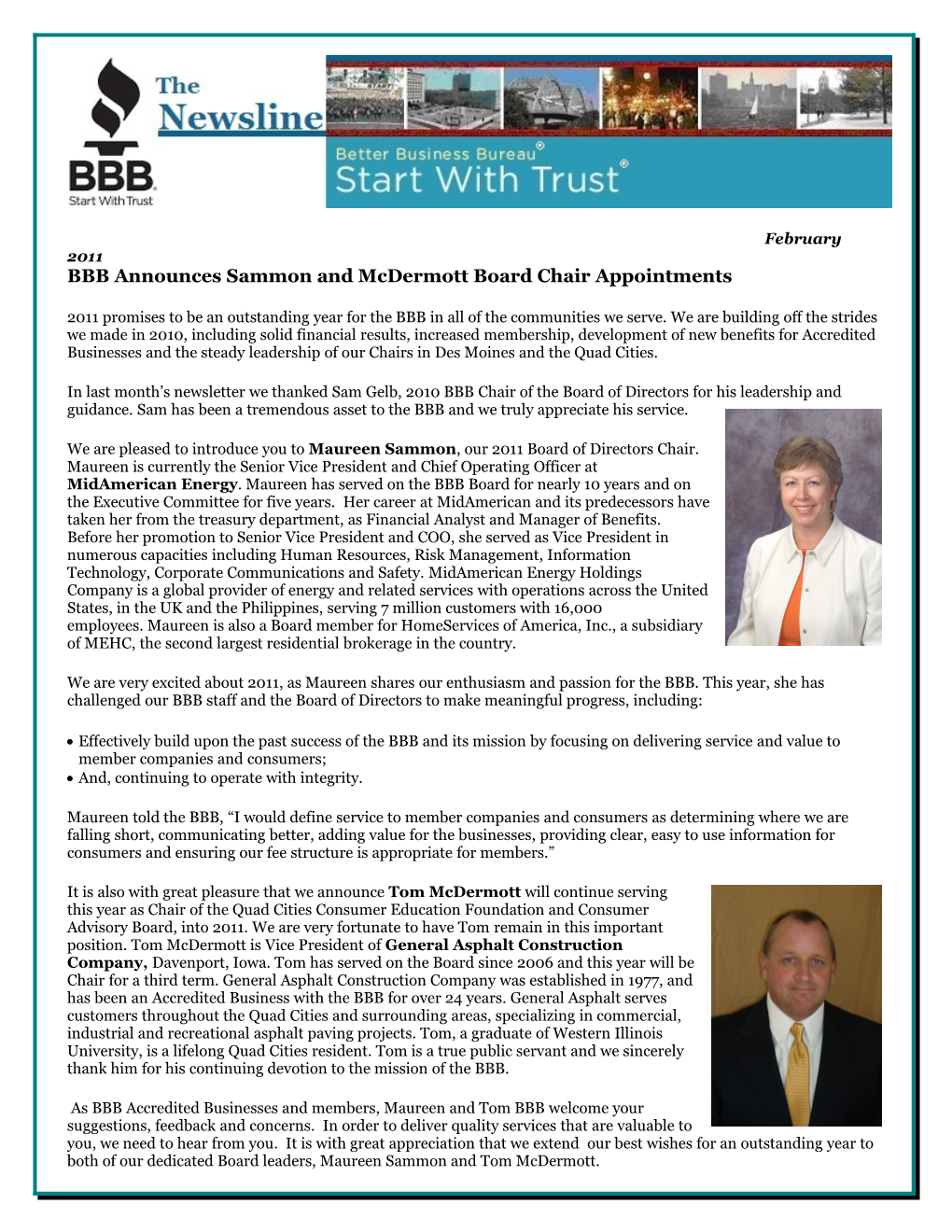 February 2011 BBB Announces Sammon and Mcdermott Board Chair Appointments