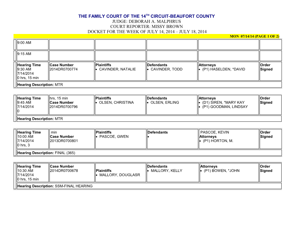 Docket for the Week of July 14, 2014 July 18, 2014