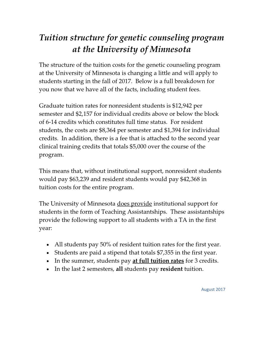 Tuition Structure for Genetic Counseling Program at the University of Minnesota