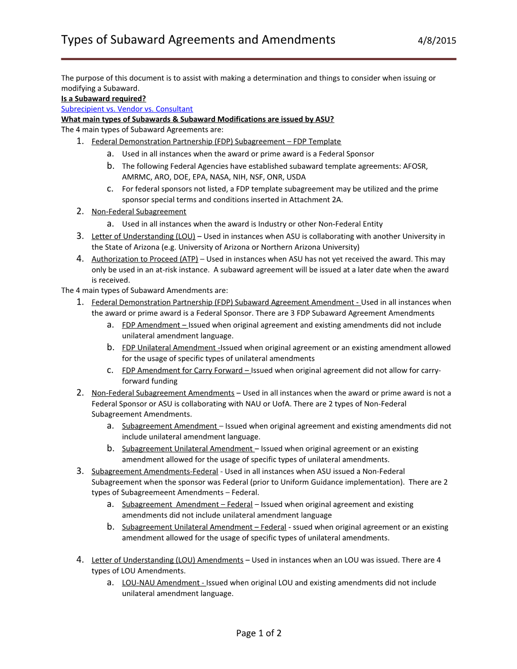 Types of Subaward Agreements and Amendments